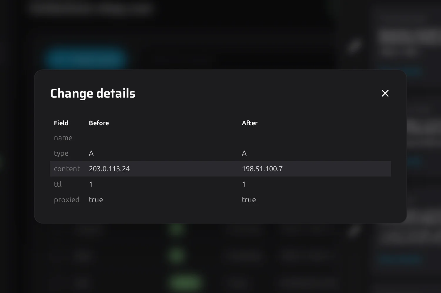 Change details with the record before and after