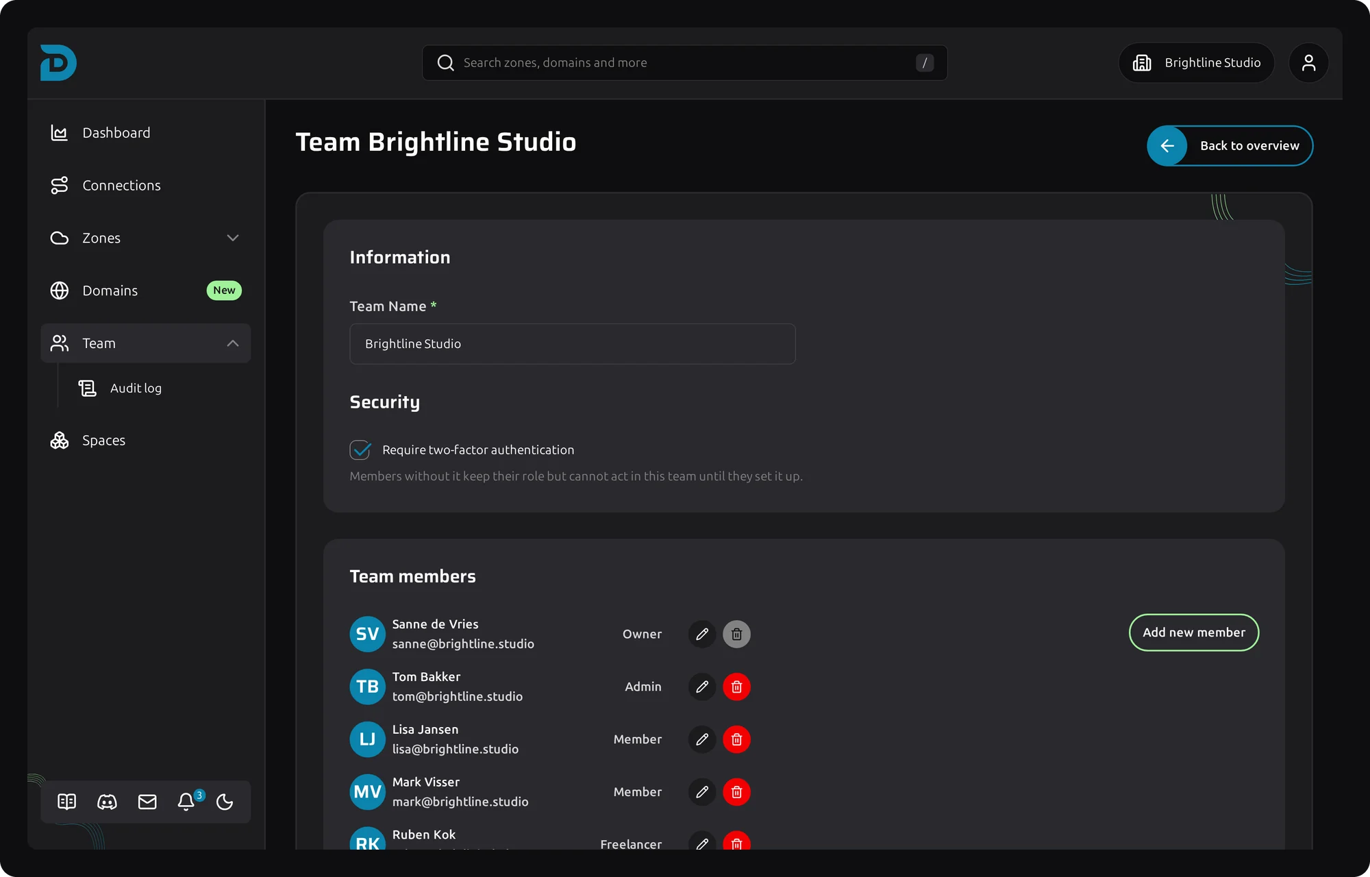 Team settings with two-factor authentication required and the member list