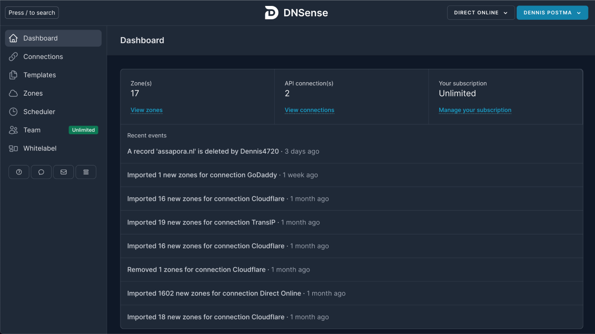 DNSense app: dashboard